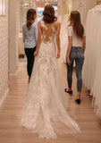 Delicate Appliqued Tulle A-Line Wedding Dress with Bateau Neckline and Flowing Sweep Train BM bride