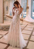 Delicate Appliqued Tulle A-Line Wedding Dress with Bateau Neckline and Flowing Sweep Train BM bride