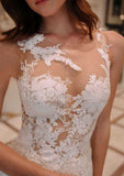 Delicate Appliqued Tulle A-Line Wedding Dress with Bateau Neckline and Flowing Sweep Train BM bride