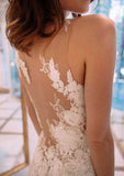 Delicate Appliqued Tulle A-Line Wedding Dress with Bateau Neckline and Flowing Sweep Train BM bride