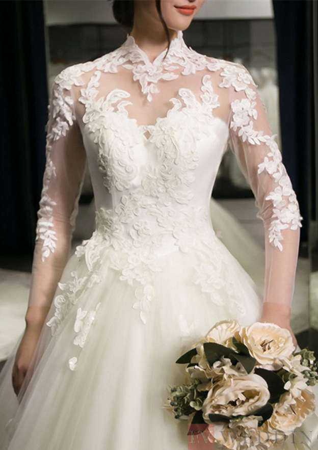 Enchanting Lace Appliqued Tulle Ball Gown Wedding Dress with High-Neck and Cathedral Train BM bride