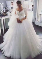 Charming Beaded Tulle A-Line Wedding Dress with Sweetheart Neckline and Court Train BM bride
