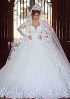 Regal Ball Gown: Off-The-Shoulder Cathedral Train Tulle Wedding Dress with Applique Lace BM bride