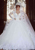 Regal Ball Gown: Off-The-Shoulder Cathedral Train Tulle Wedding Dress with Appliqued Lace BM bride