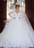 Regal Ball Gown: Off-The-Shoulder Cathedral Train Tulle Wedding Dress with Appliqued Lace BM bride
