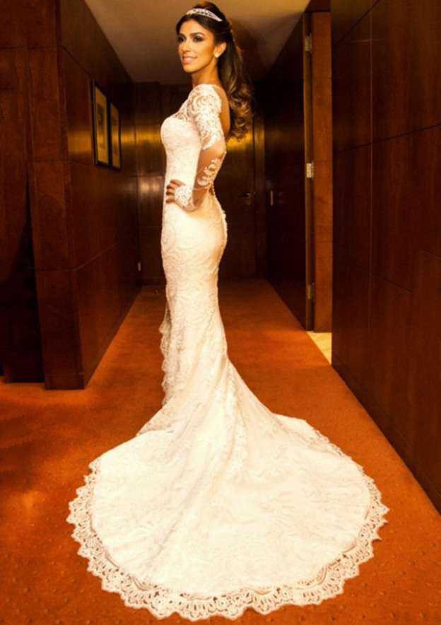 Appliqued Lace Trumpet/Mermaid Wedding Dress with V-Neckline, Full/Long Sleeves, and Covered Button Closure BM bride