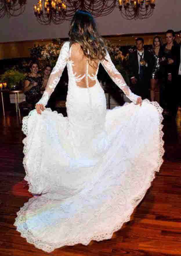 Appliqued Lace Trumpet/Mermaid Wedding Dress with V-Neckline, Full/Long Sleeves, and Covered Button Closure BM bride