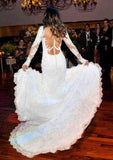 Appliqued Lace Trumpet/Mermaid Wedding Dress with V-Neckline, Full/Long Sleeves, and Covered Button Closure BM bride