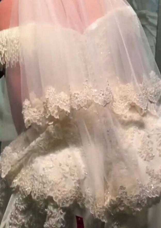 Beautiful Beaded Off-The-Shoulder Lace A-Line/Princess Wedding Dress with Court Train BM bride