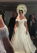 Beautiful Beaded Off-The-Shoulder Lace A-Line/Princess Wedding Dress with Court Train BM bride
