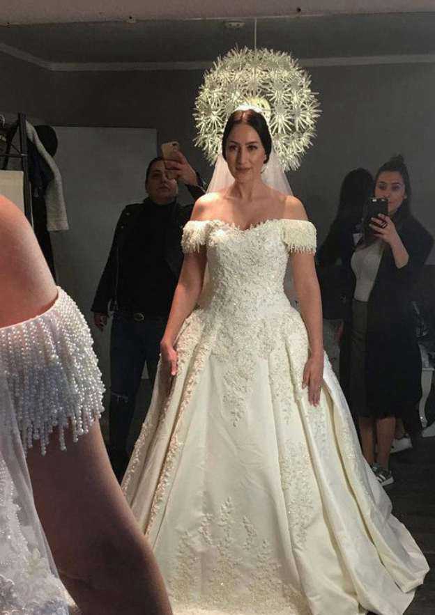 Beautiful Beaded Off-The-Shoulder Lace A-Line/Princess Wedding Dress with Court Train BM bride