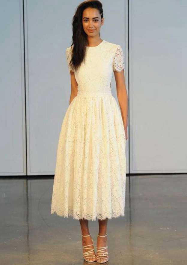 Lace A-Line/Princess Wedding Dress with Scoop Neckline and Tea-Length Skirt BM bride