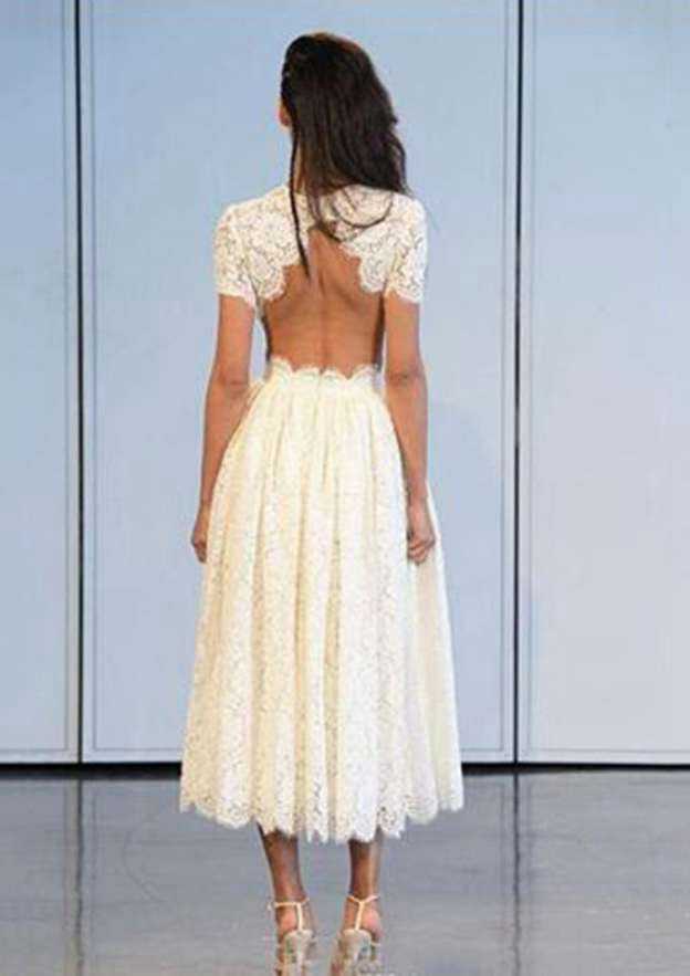 Lace A-Line/Princess Wedding Dress with Scoop Neckline and Tea-Length Skirt BM bride