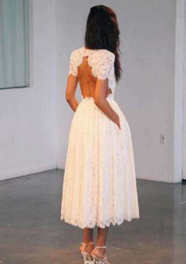 Lace A-Line/Princess Wedding Dress with Scoop Neckline and Tea-Length Skirt BM bride