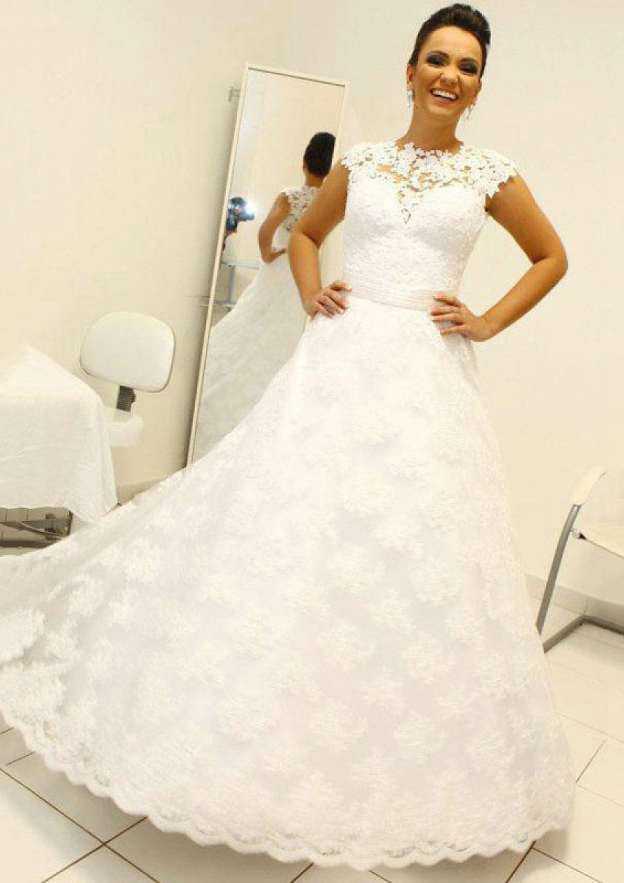 Lace Wedding Dress with A-Line/Princess Silhouette, Scoop Neckline, and Long Floor-Length Waistband BM bride