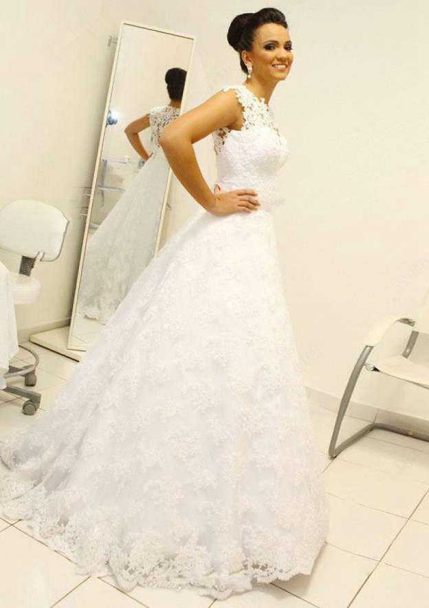 Lace Wedding Dress with A-Line/Princess Silhouette, Scoop Neckline, and Long Floor-Length Waistband BM bride
