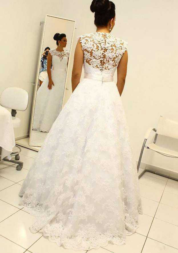Lace Wedding Dress with A-Line/Princess Silhouette, Scoop Neckline, and Long Floor-Length Waistband BM bride