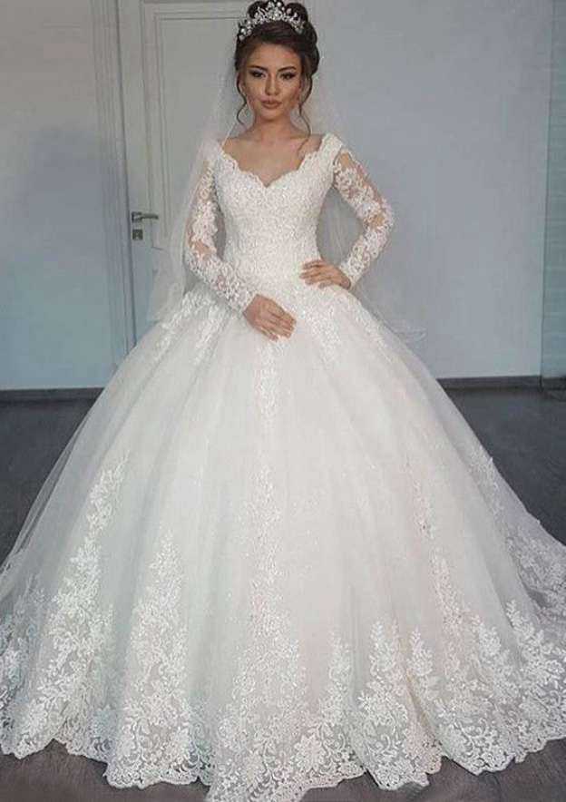 Lovely Lace Trimmed Tulle Ball Gown Wedding Dress with Scalloped Neckline BM bride