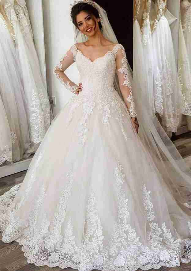Classic Lace Ball Gown Wedding Dress with V-Neck and Court Train BM bride