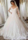Classic Lace Ball Gown Wedding Dress with V-Neck and Court Train BM bride
