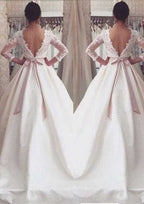 Sophisticated A-Line/Princess Satin Wedding Dress with Bateau Neckline and Graceful Court Train BM bride