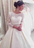 Sophisticated A-Line/Princess Satin Wedding Dress with Bateau Neckline and Graceful Court Train BM bride