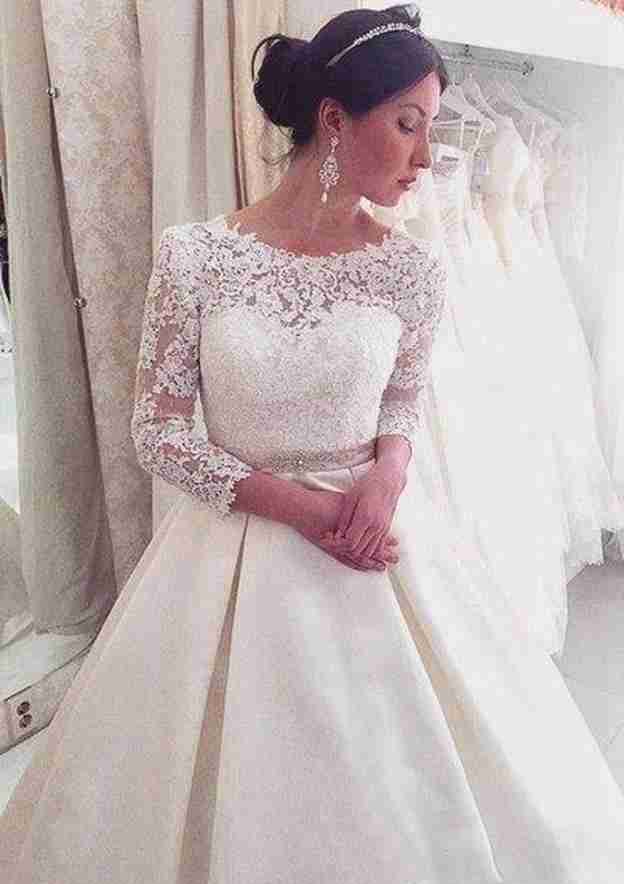 Sophisticated A-Line/Princess Satin Wedding Dress with Bateau Neckline and Graceful Court Train BM bride