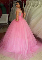 Graceful Square Neckline Sweep Train Tulle Wedding Dress with Beaded Accents in A-Line/Princess Fit BM bride
