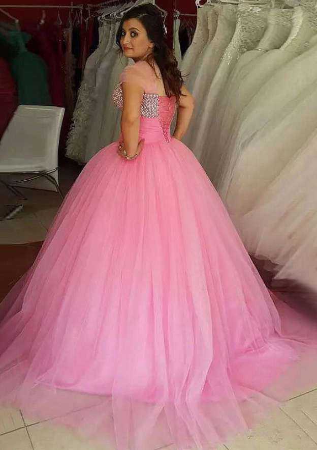 Graceful Square Neckline Sweep Train Tulle Wedding Dress with Beaded Accents in A-Line/Princess Fit BM bride