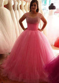 Graceful Square Neckline Sweep Train Tulle Wedding Dress with Beaded Accents in A-Line/Princess Fit BM bride