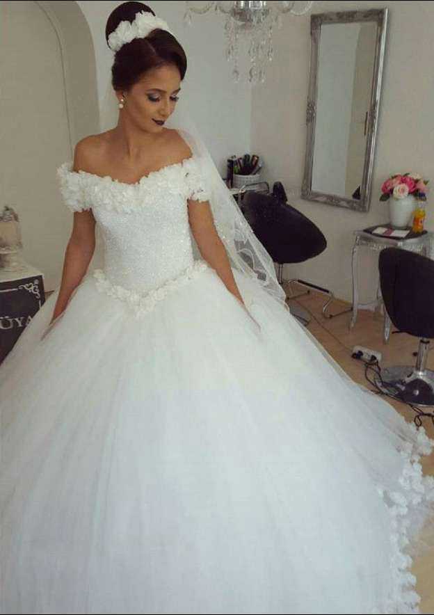 Enchanting Beaded Tulle Ball Gown Wedding Dress with Off-the-Shoulder Neckline and Long/Floor-Length Skirt BM bride