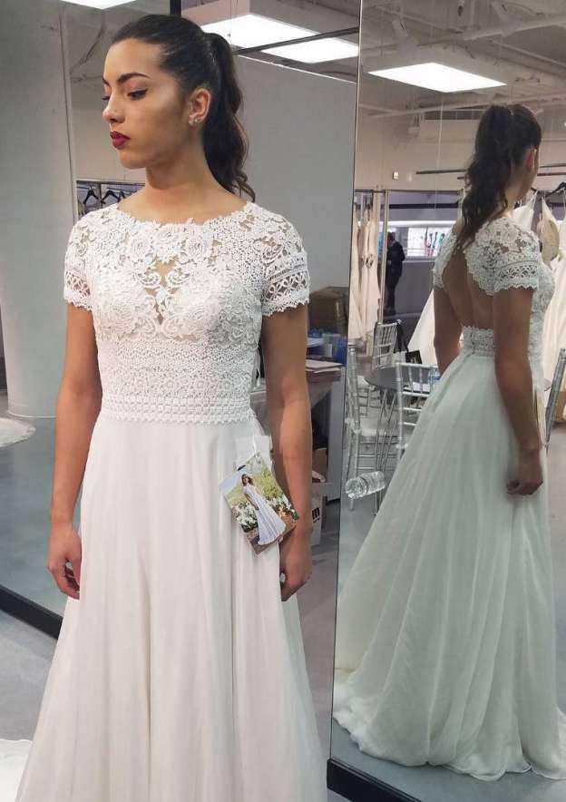 Delicate Lace A-Line Wedding Dress with Bateau Neckline and Elegant Long/Floor-Length Skirt BM bride