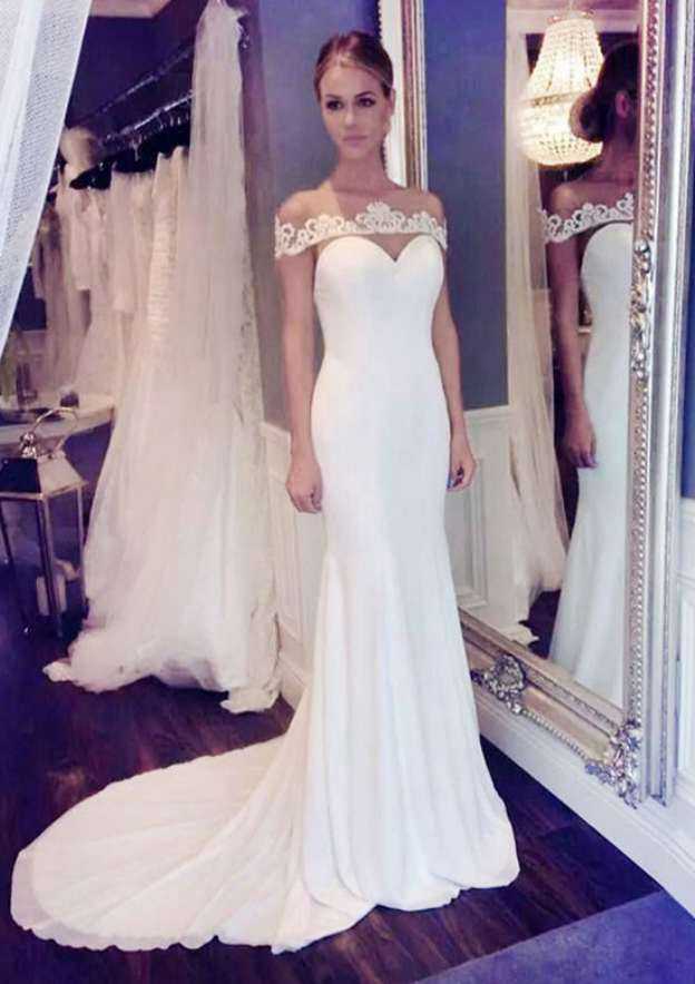 Charming Chiffon Trumpet/Mermaid Wedding Dress: Bateau Neck with Court Train and Appliqued Details BM bride