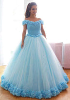 Enchanting Beaded Tulle Ball Gown Wedding Dress with Off-the-Shoulder Neckline and Long/Floor-Length Skirt BM bride
