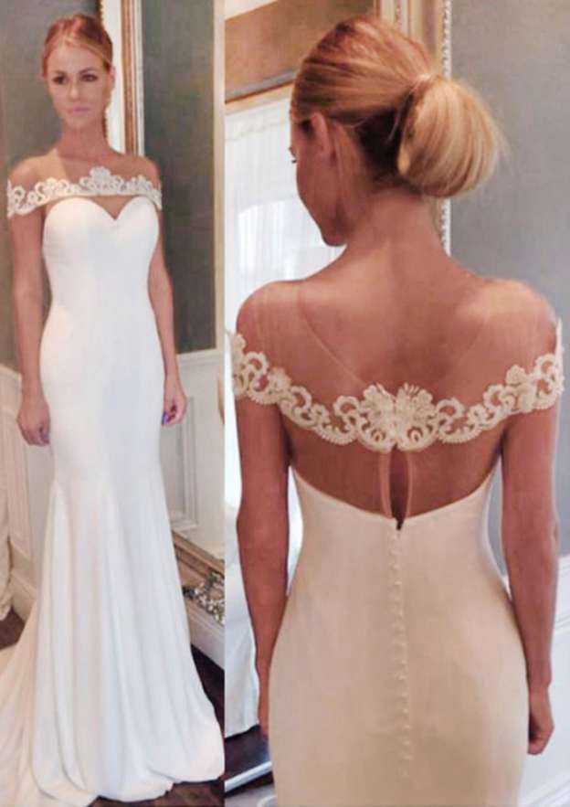 Charming Chiffon Trumpet/Mermaid Wedding Dress: Bateau Neck with Court Train and Applique Details BM bride