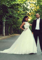 Lace Wedding Dress with A-Line/Princess Silhouette and Bateau Court Train BM bride
