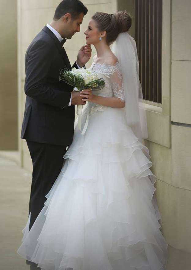 Organza A-Line Wedding Dress with Off-the-Shoulder Neckline and Intricate Lace Detail BM bride