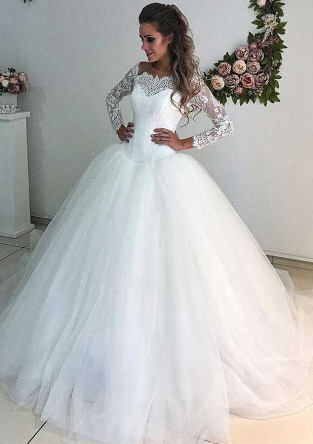 Beautiful Lace Tulle A-Line Wedding Dress with Off-the-Shoulder Neckline and Sweep Train BM bride