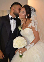 Classic Ball Gown Lace Wedding Dress with Bateau Neckline and Beaded Court Train BM bride