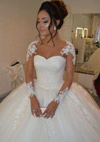 Classic Ball Gown Lace Wedding Dress with Bateau Neckline and Beaded Court Train BM bride