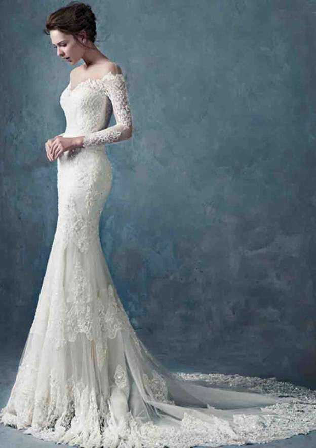 Elegant Illusion Neck Sheath/Column Lace Wedding Dress with Court Train and Beaded Details BM bride
