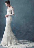 Elegant Illusion Neck Sheath/Column Lace Wedding Dress with Court Train and Beaded Details BM bride