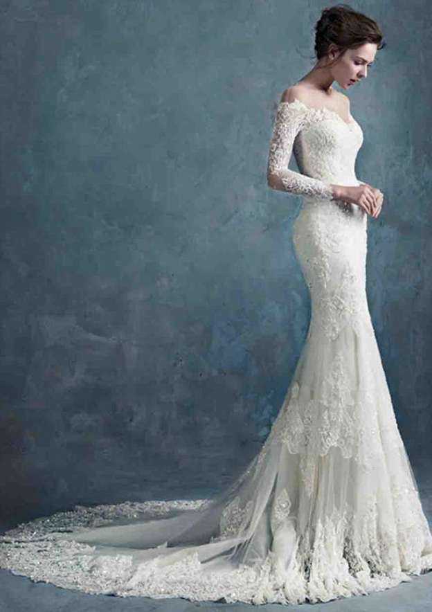 Elegant Illusion Neck Sheath/Column Lace Wedding Dress with Court Train and Beaded Details BM bride