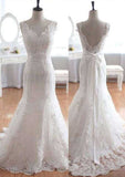 Sophisticated V-Neck Sheath/Column Lace Wedding Dress with Court Train BM bride