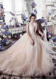 Sparkling A-Line/Princess Tulle Wedding Dress with V-Neck and Dazzling Sequins Court Train BM bride