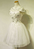 Charming Bateau Short/Mini Tulle Wedding Dress with Bandage Detail and A-Line/Princess Silhouette BM bride