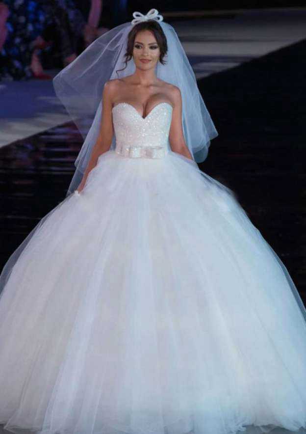 Glamorous Beaded Tulle Ball Gown Wedding Dress with Strapless Bodice and Long/Floor-Length Skirt BM bride