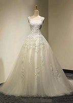 Graceful Appliqued Bateau Tulle A-Line/Princess Wedding Dress with Court Train BM bride