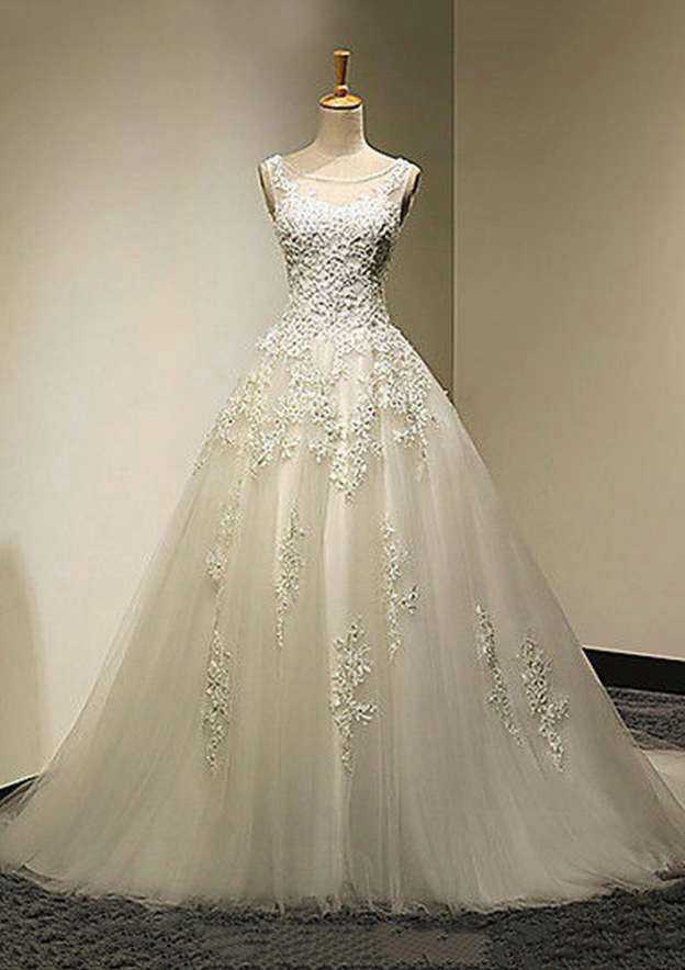 Graceful Appliqued Bateau Tulle A-Line/Princess Wedding Dress with Court Train BM bride