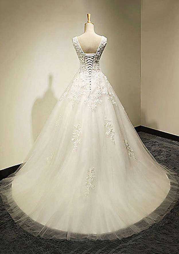 Graceful Appliqued Bateau Tulle A-Line/Princess Wedding Dress with Court Train BM bride